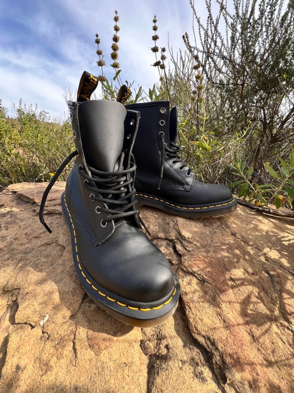 Dr. Martens Black Leather Lace-Up Boots with Yellow Stitching